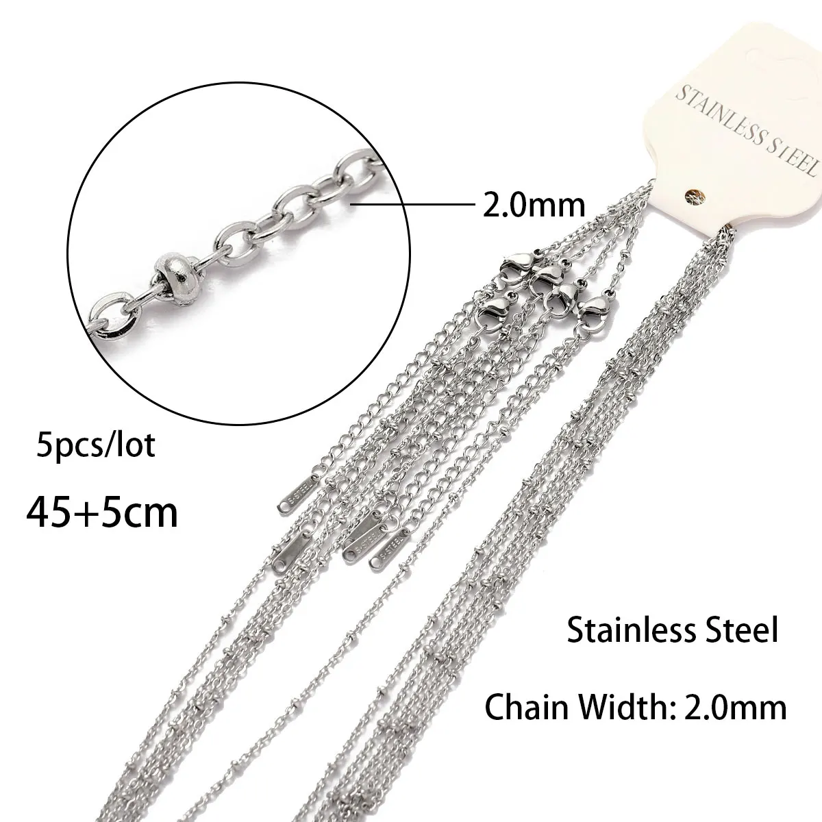 5pcs/Lot 45cm Stainless Steel Bead Ball Cross Link Chain Necklace Women Paperclip DIY Charm Pendant Jewelry Making