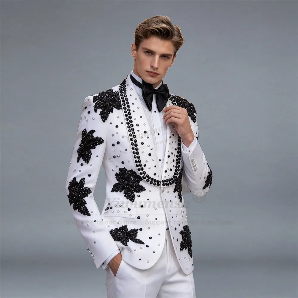 Men's Suit For Wedding Sparkly Crystals Beaded Prom Tuxedo 2 Piece Sets Costumes Hommes Shawl Lapel Jacket Pants Customized