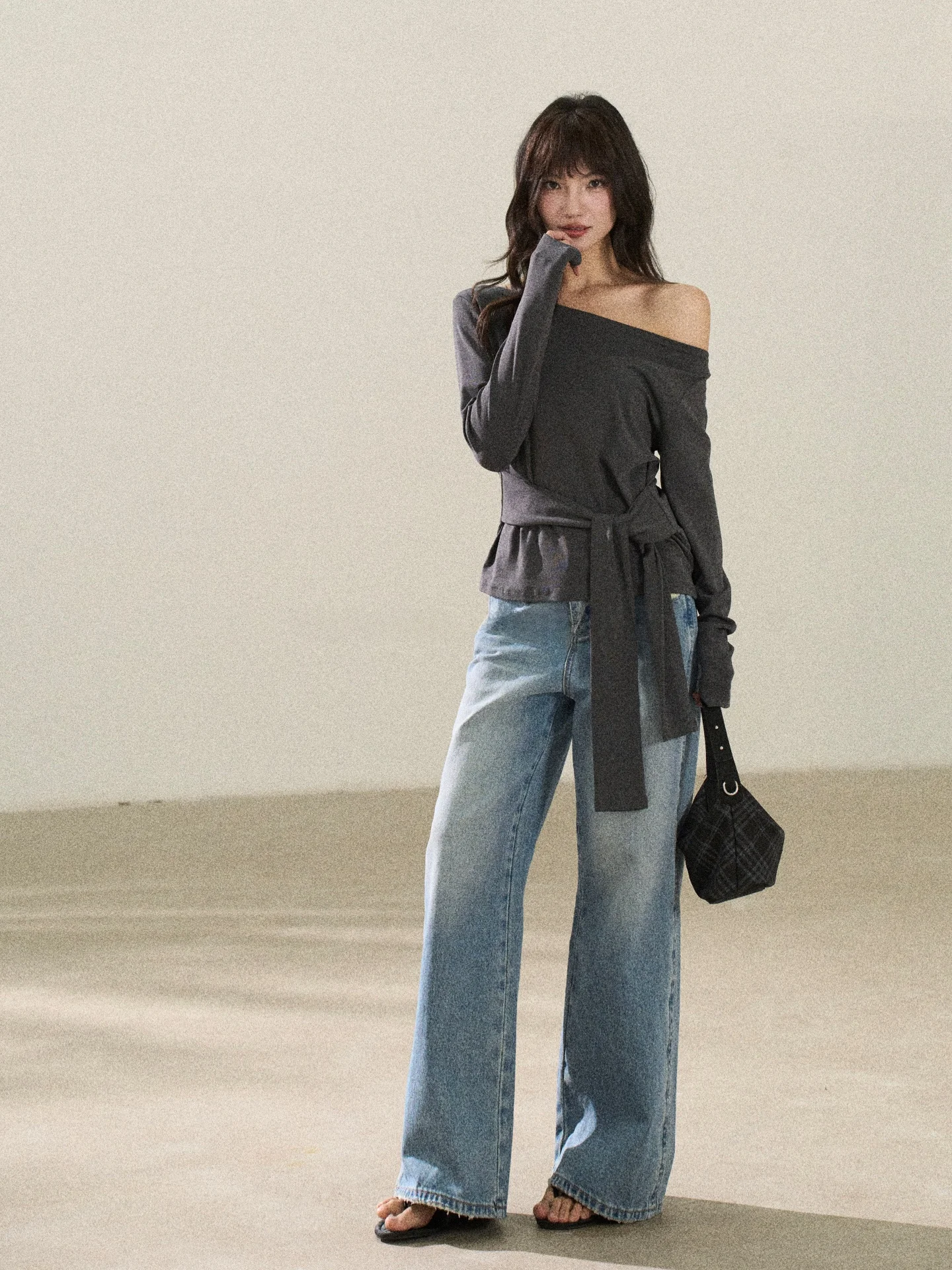 

Blue Denim Jeans Women's Heavy Waed Straight Leg Hole Punching Wide Leg Pants Korean Sle l Waist adient Pattern