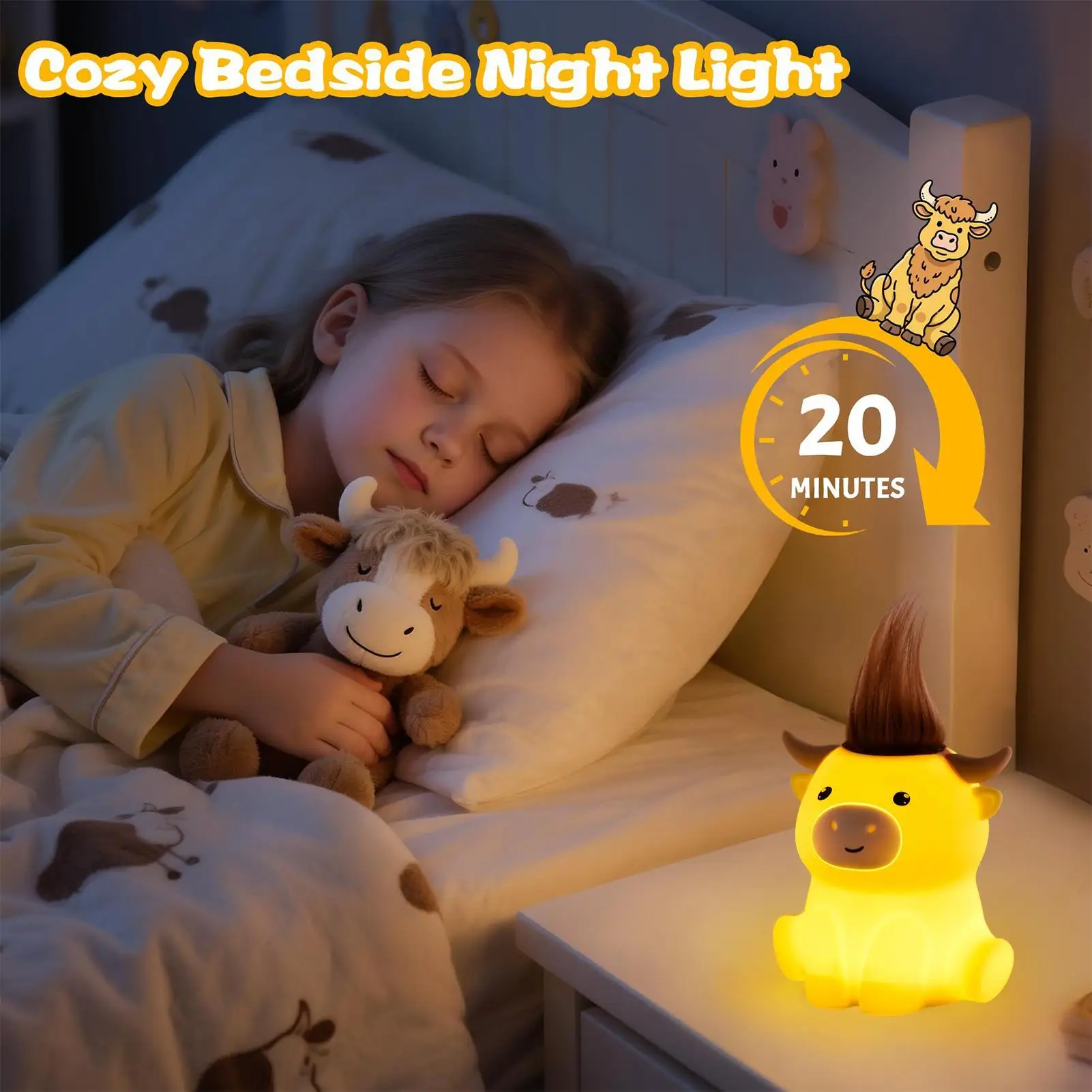 Night Light For Kids Cartoon Cattle 2 Brightness Lamp With 20min Timer Portable Lamp Decor For Home Bedside College Dormitory