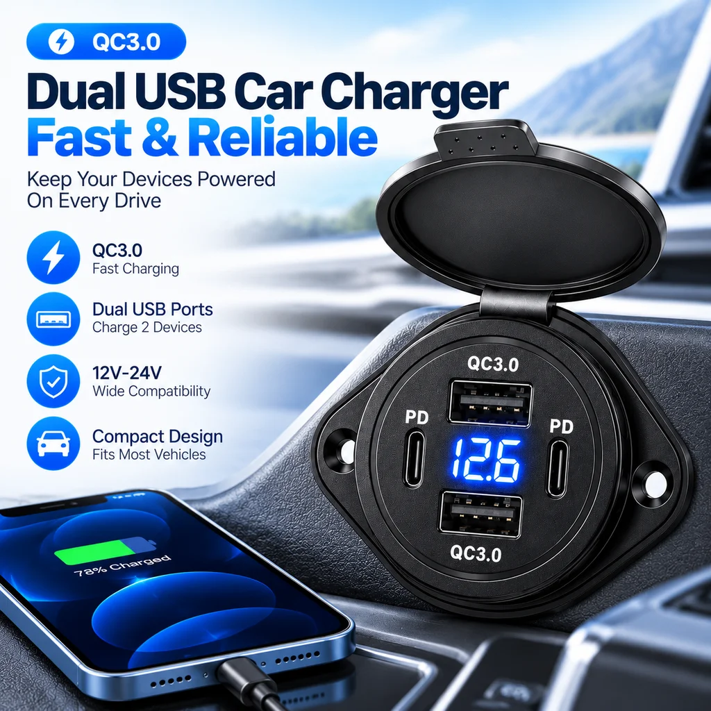12V-24V Car Charger Socket Dual USB Quick Charge Outlet QC 3.0 & PD USB-C with Voltmeter Display for Car Boat Marine Truck