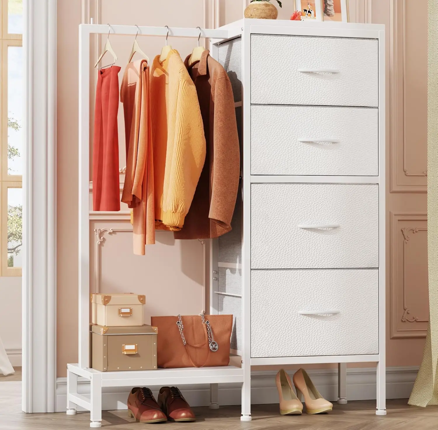 

Reversible 4-Drawer Dresser with Hanging Rack, Tall Storage Tower for Bedroom, White, 44''H