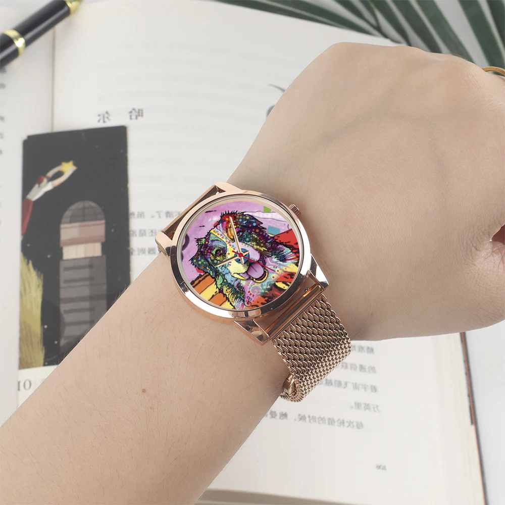 Jam Tangan Souvenir Hitam Rose Gold Custom 45/38 mm Universal untuk Pria dan Wanita, Jam Quartz Desain Anjing, Gelang Perak, Hadiah Jam