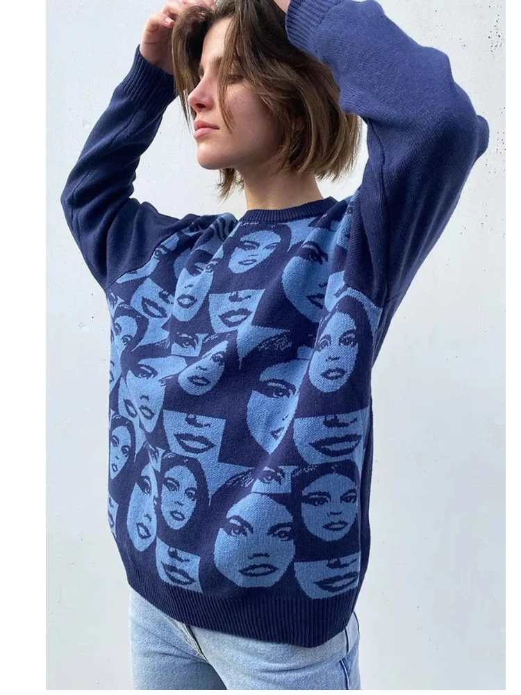 Vintage Pop Art Women Knitted Pullover Blue Figure Face All Over Print Crew Neck Sweater Oversized Aesthetic Street Fashion Tops