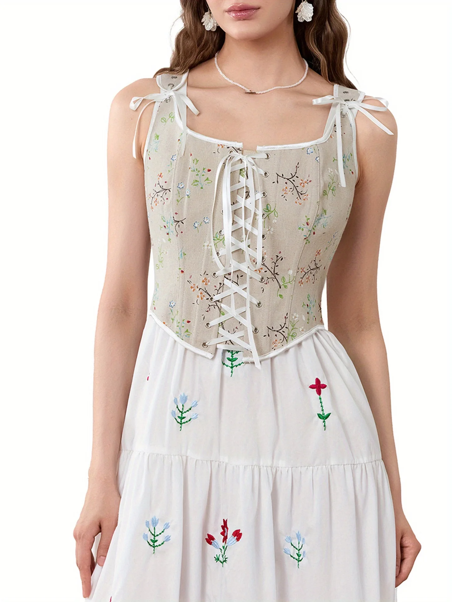 

Women Vintage Victoria Corsets Floral Sweet Cute Lolita Tank Tops Lace-up Beige Elegant Bustiers Waist Trainer Sexy Camisole
