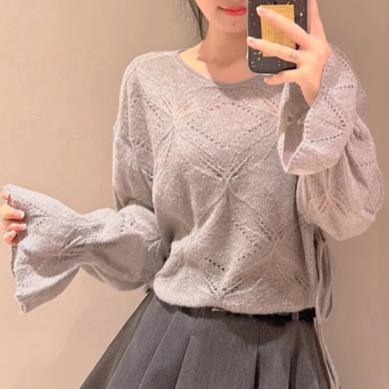 O-neck Flare Sleeve Sweet Pullovers Lace Up Hollow Out Loose Casual Soft Sweaters Women 2024 Autumn New Japanese Jumpers Top