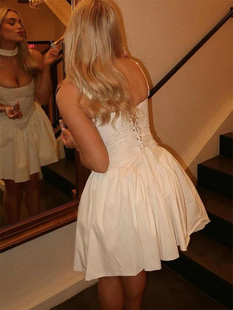 Dames Witte A-lijn Avondjurk Vintage Mouwloze Mini-jurken Y2k Elegant Party Club Eendelige Jurken Jaren 2000 Kleding 2024