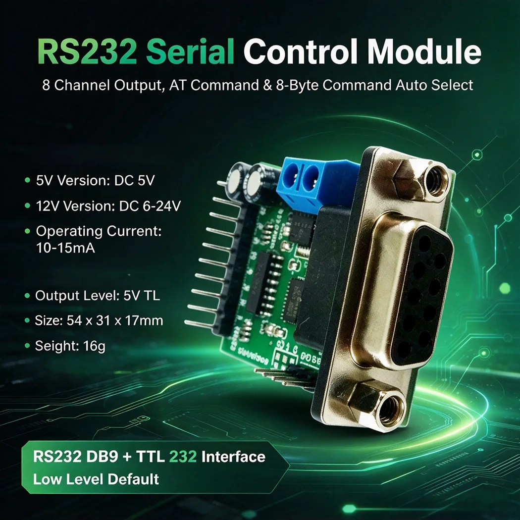 8CH 5V TTL Output Serial Controller RS232 DB9 TTL Dual Port AT & 8-byte Auto Command Selflocking Interlock Momentary Delay 9999S