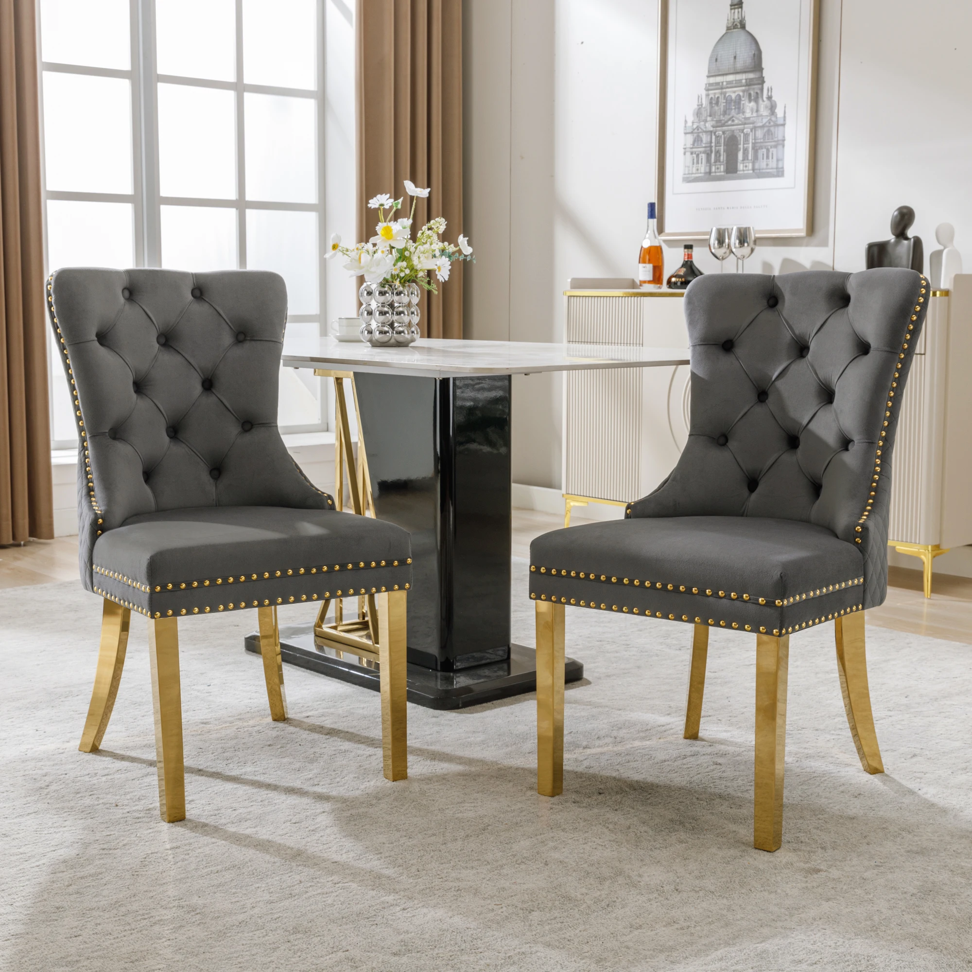 VSOGA Dining Chair (Set of 2) Upholstered Chair with Nail Head Trim, Round pull rings on Back, Gold Plated stainless steel Legs Velvet Cover Grey/Gold