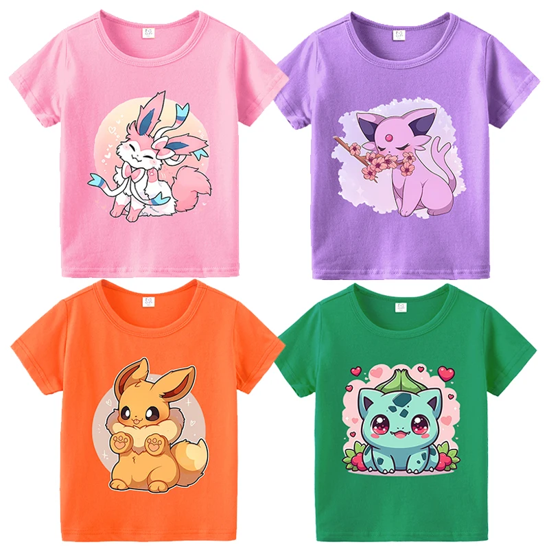 Футболка-с-рисунком-покемонов-детские-футболки-с-принтом-eeveelution-espeon-umbreon-летняя-одежда-топы-с-короткими-рукавами-для-мальчиков-и-девочек-одежда-в-стиле-аниме