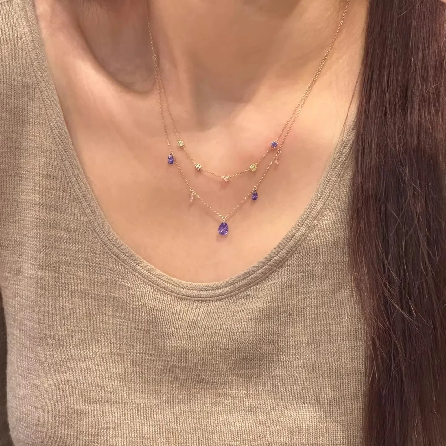 S925 Sterling Silber Halskette mit Amethyst und Zirkon-Anhänger in Tropfenform, Doppellagige Einfache Schlüsselbeinkette für Damen – Detail 5