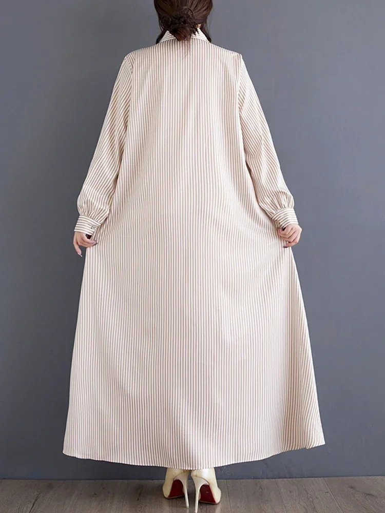 XITAO Turn Down Collar Stripe Women Shirt Dress Casual 2025 Autumn Long Sleeve Elegant Loose A-line Ankle Length Dress LJ1070