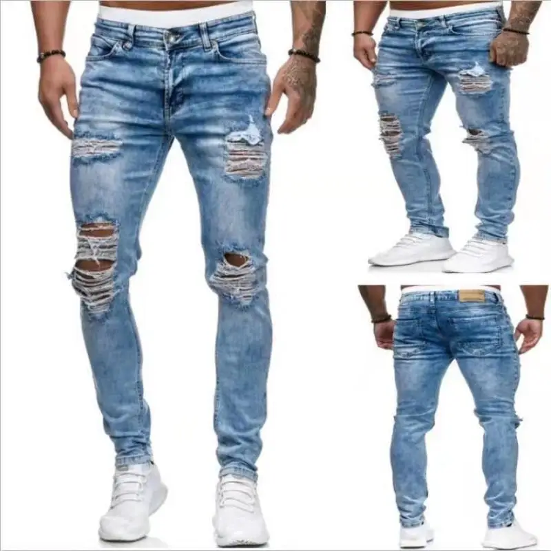 

Men's Long Pants with Holes and Small Legs, New European and American Style Stir Fried Bleached Elastic Jeans