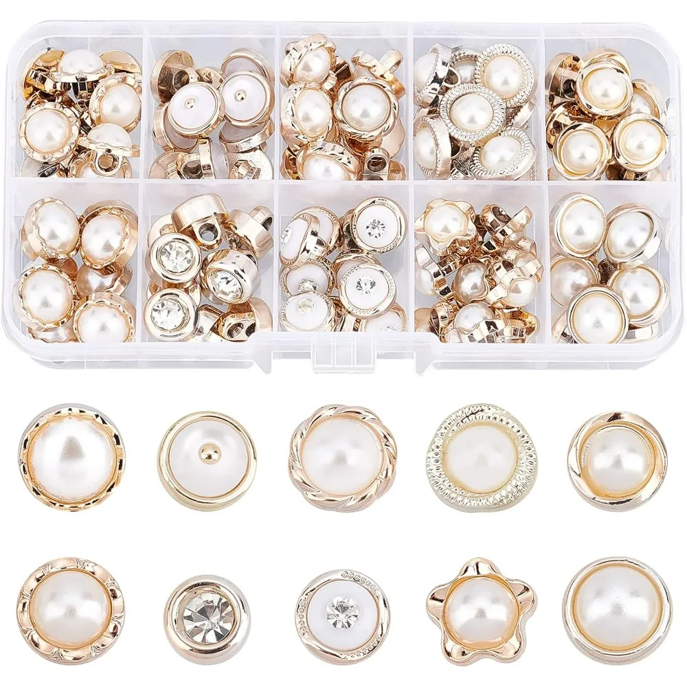 100Pcs Faux Pearl Buttons 10 Styles Retro Plastic Pearl Buttons with Shank Round Buttons Embellishments Sewing Crafts Making Kit