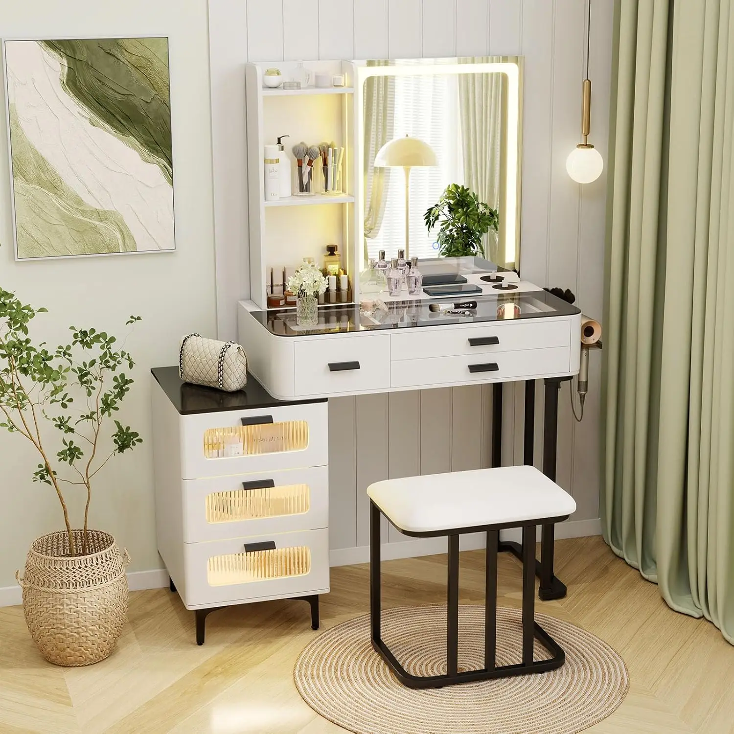 Modern Vanity Desk with Mirror & Lights, Makeup Vanity and Stool Set with 3-Color LED Lights & Charging Station, Dressing Table