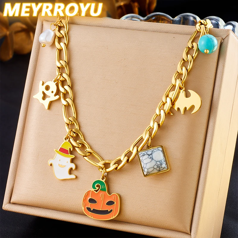 MEYRROYU 316L Stainless Steel Terrifying Pumpkin Devil Halloween Pendant Necklace Women Girl New Trend Neck Jewelry Gift Party