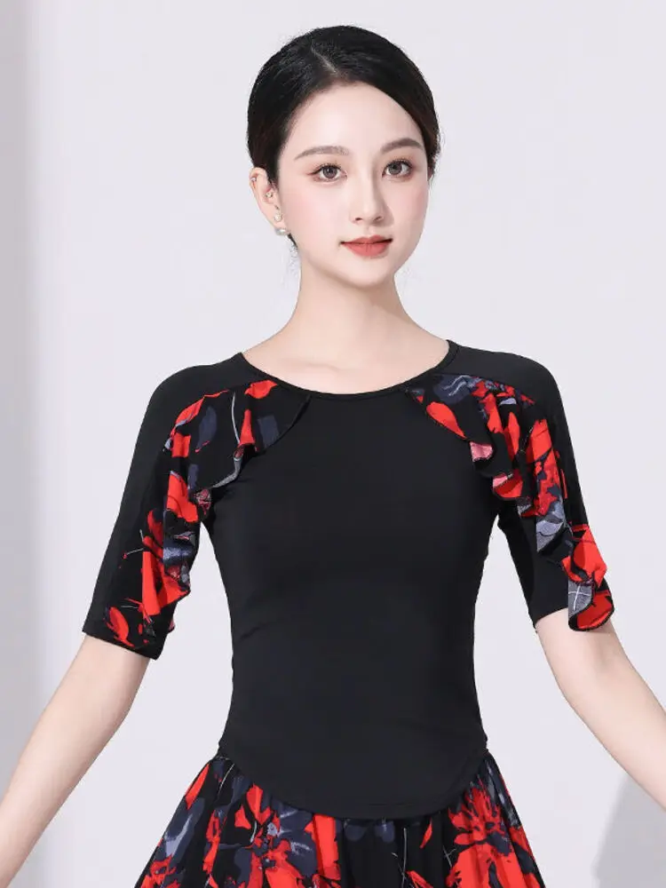 Women Printed Latin Dance Top Floral Cascade Ruffles MId Sleeves Slim Fit Salsa Bachata Performance Wear Stretch Breathable