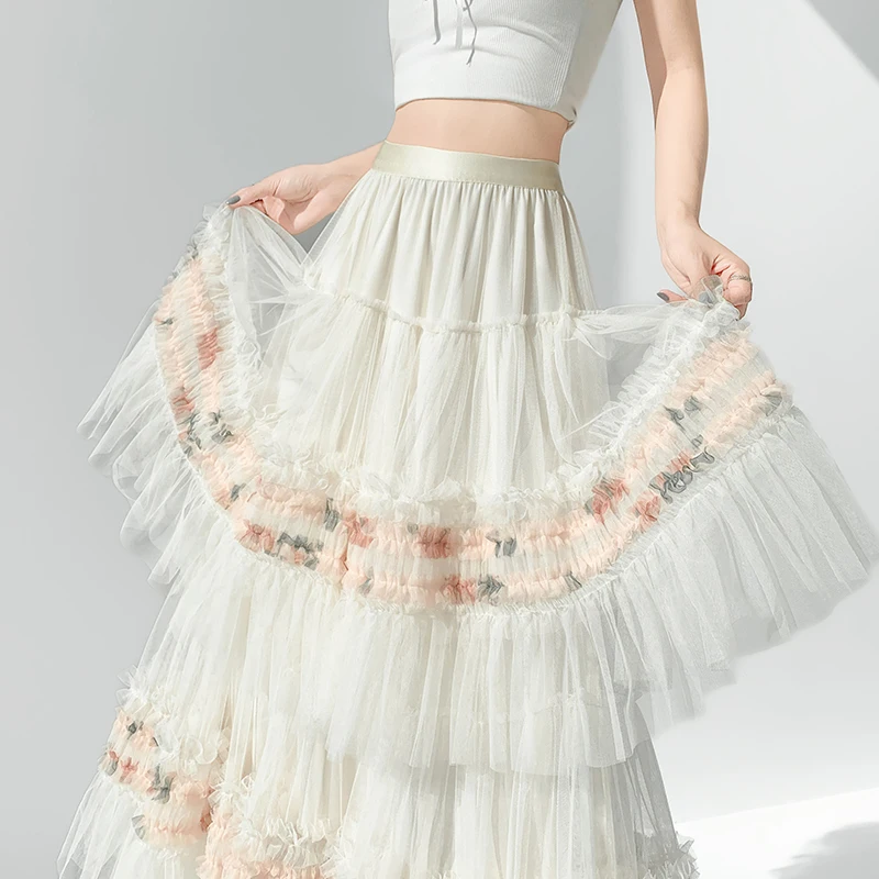 

Flower Ruffles Mesh Skirt Women Elastic Waist Tierred Pleated Skirt Korean Fashion Loose Casual Long Skirt Maxi Saias Mujer