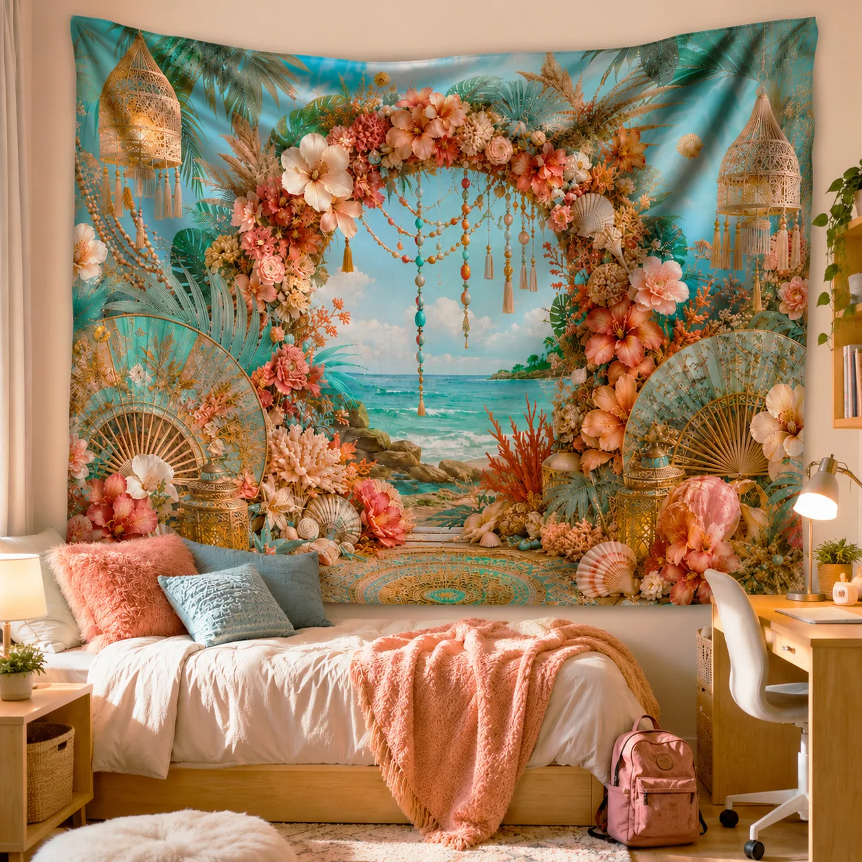 Sea Beach Landscape Tapestry Wall Hanging Large Coral Palm Tree Tapestries Aesthetic Room Decor for Bedroom Living Room