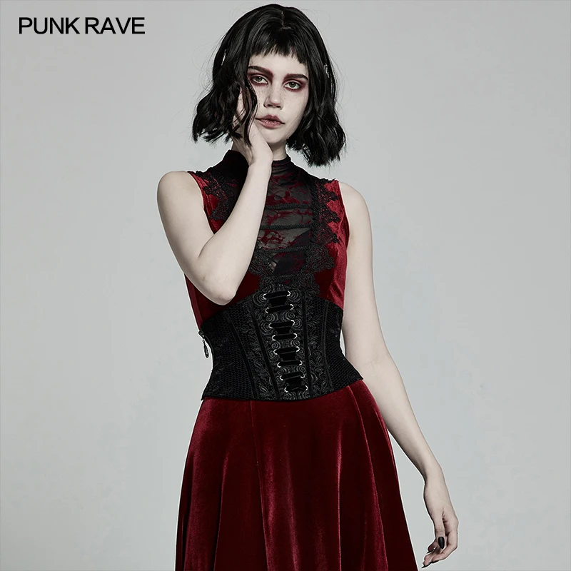 PUNK RAVE Women's Gothic Gorgeous Velvet Tight Profile Belt Wearing Rope Rose Lace Black & Red Female Accessories