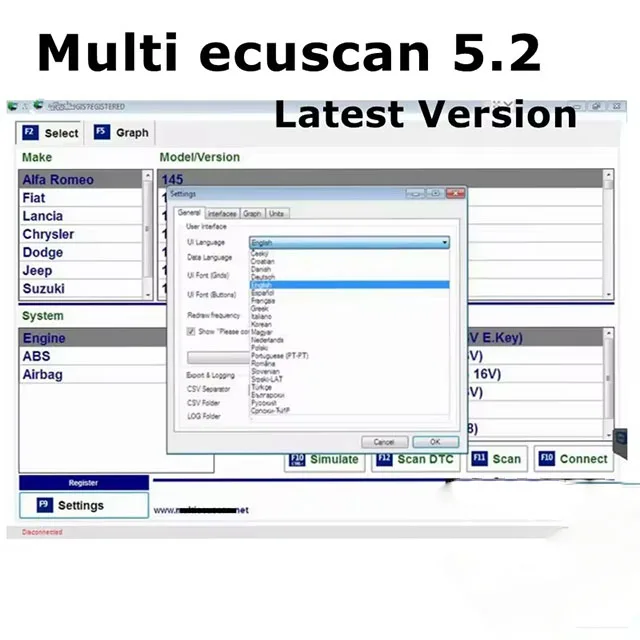 Nieuwste Multiecuscan V5.2 OBD2 Scanner Software Geregistreerde Onbeperkte Keygen Multi ECU Scan Werk voor ELM327 Auto Diagnose Tool