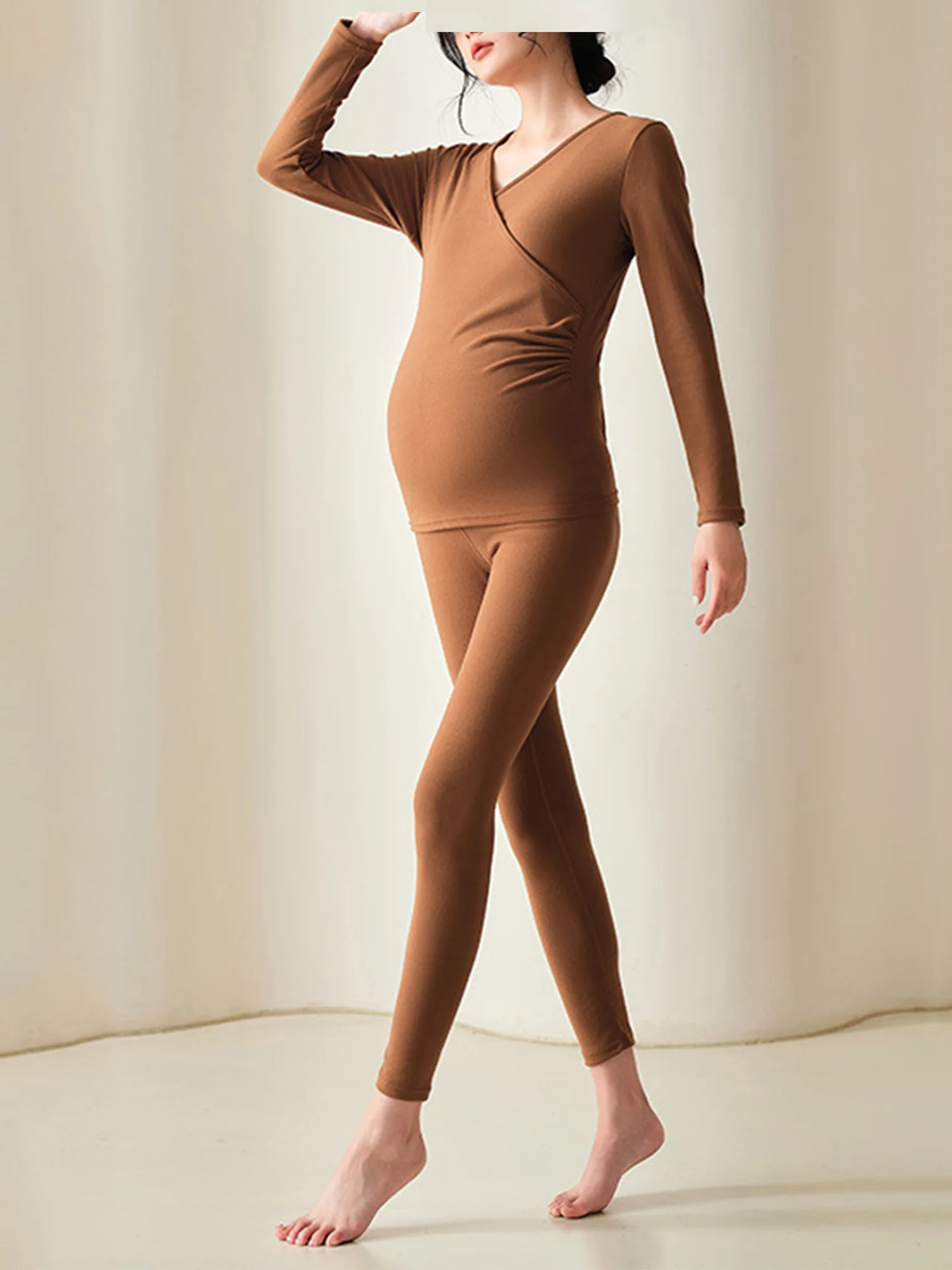 

Пижамный комплект для беременных и кормящих женщин, одежда для сна с v-образным вырезом и длинными рукавами, термобелье для кормления грудью, футболка и брюки