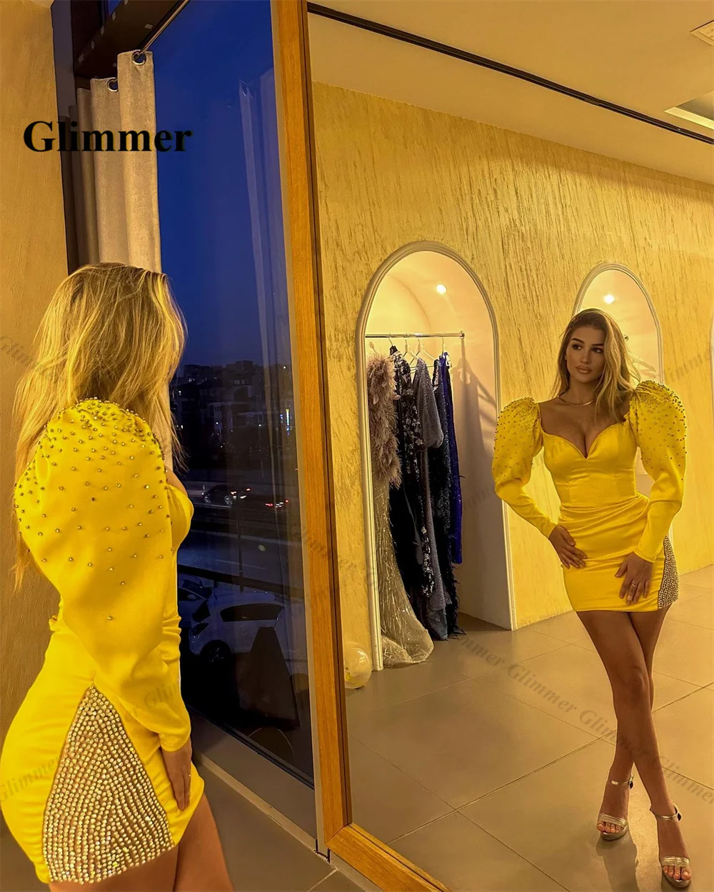 Glimmer Fashionable Column Homecoming Dresses For Women Strapless Lantern Sleeves Rhinestones Vestidos De Gala Customized