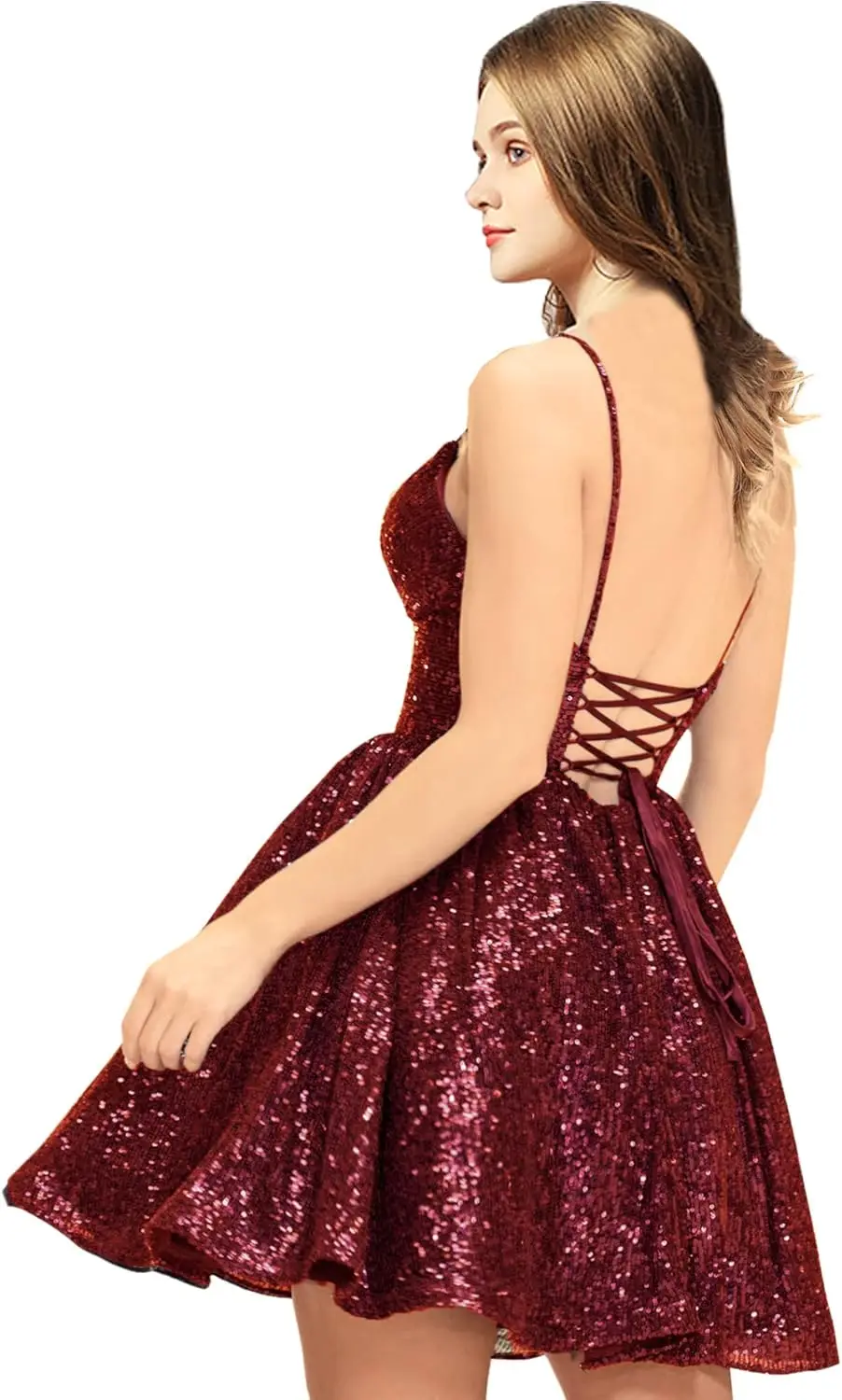 

Бордовое платье трапециевидной формы для выпускного вечера для юниоров с v-образным вырезом на тонких бретельках, короткое платье для выпускного вечера, стиль 2026