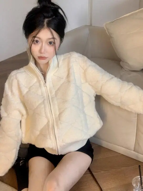 Soft Cozy Long Sleeve Knitted Sweater Coat Women's Open Cardigan Autumn Winter Thick Loose Casual High Collar Zipper Top
