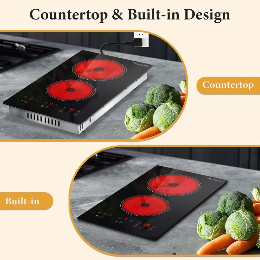 Estufa eléctrica de 2 quemadores de 12 pulgadas, estufa eléctrica de infaracia de 110V con Control táctil, mesa de cocina de cerámica de 2000W, encimera integrada 2025
