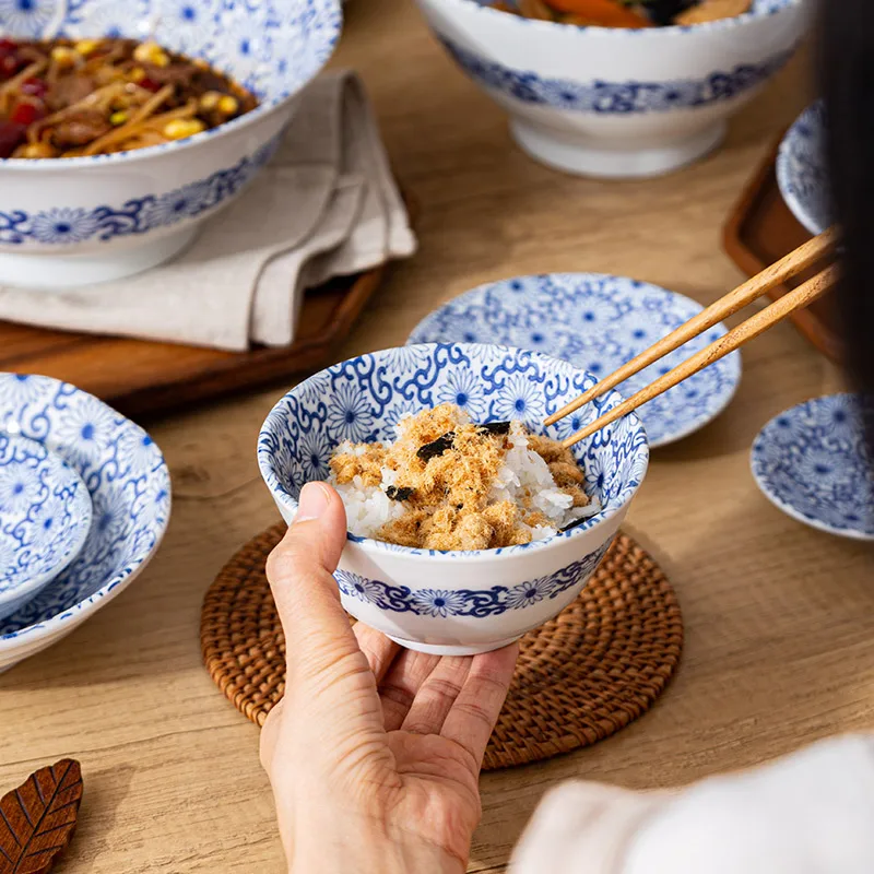 Made In Japan Ceramic Plates 5.5inch Rice Bowls Blue Chrysanthemum Under Glazed Printed 8 Inch Dishes Home Resturant Tableware