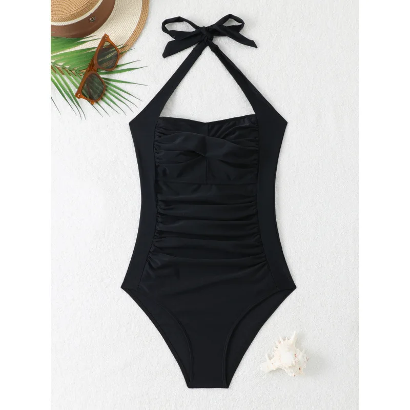 Black One Piece Swimsuit Woman Pleated Vintage Bodysuit Swimwear Padded Beach Wear 2025 Bathing Suits Ladies Holiday Pool Summer