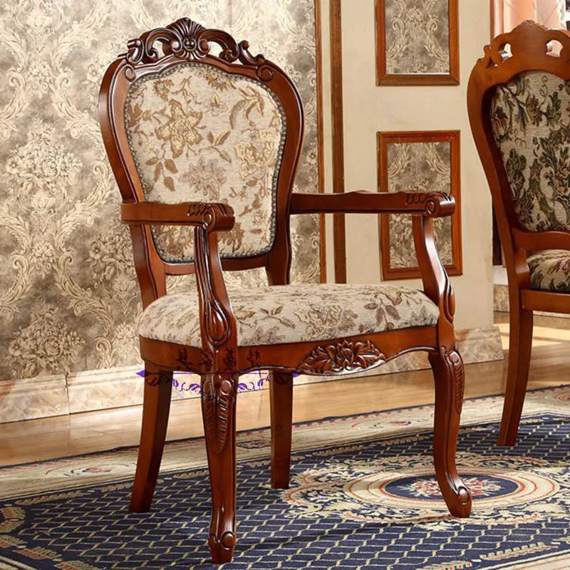 Silla de comedor de tela tallada de madera maciza, muebles de habitación, silla suave Europea oscura