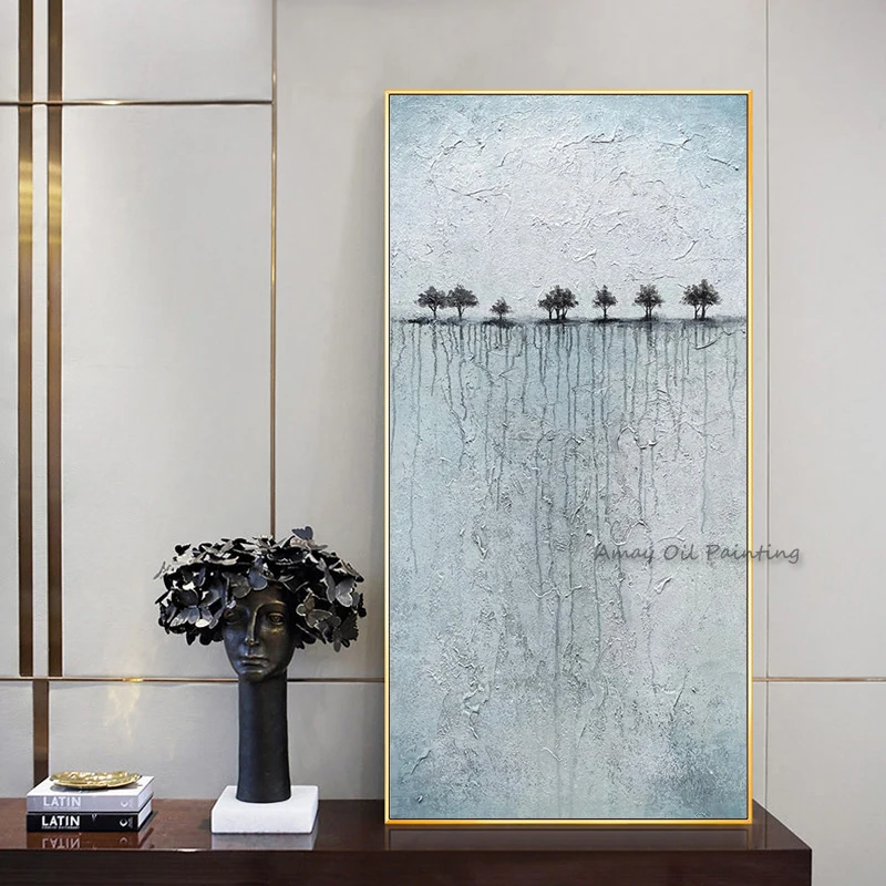 Handpainted Modern Wall Paintings Thick Impasto Grey Tree Oil Painting Palette Knife Abstract Vertical Canvas Art Home Decor
