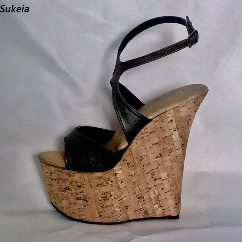 Sukeia Real Photos Women Platform Sandals Wedges High Heels Round Toe Classics Black Party Shoes Ladies US Plus Size 5-15