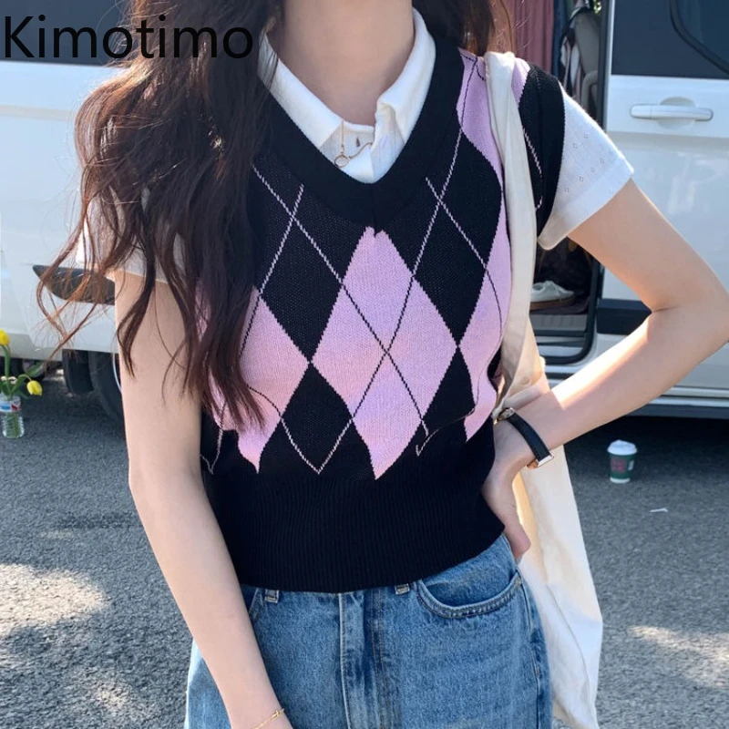 

Kimotimo Preppy Style Argyle Knit Vest Women 2025 Autumn V Neck Contrast Color Short Pullover Vintage Sweet Sleeveless Sweater