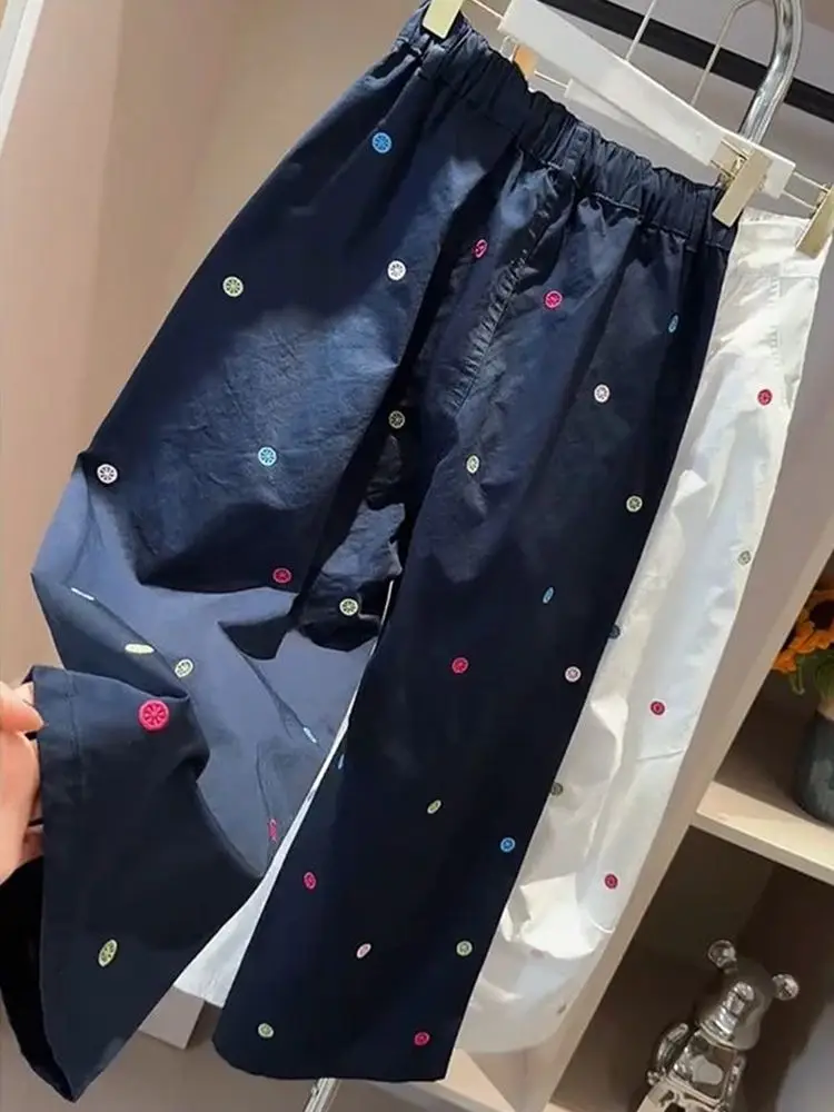 

Wash Water Wide Casual Pants 2025 Summer New Style Nine Point Polka Dot Embroidered Jeans