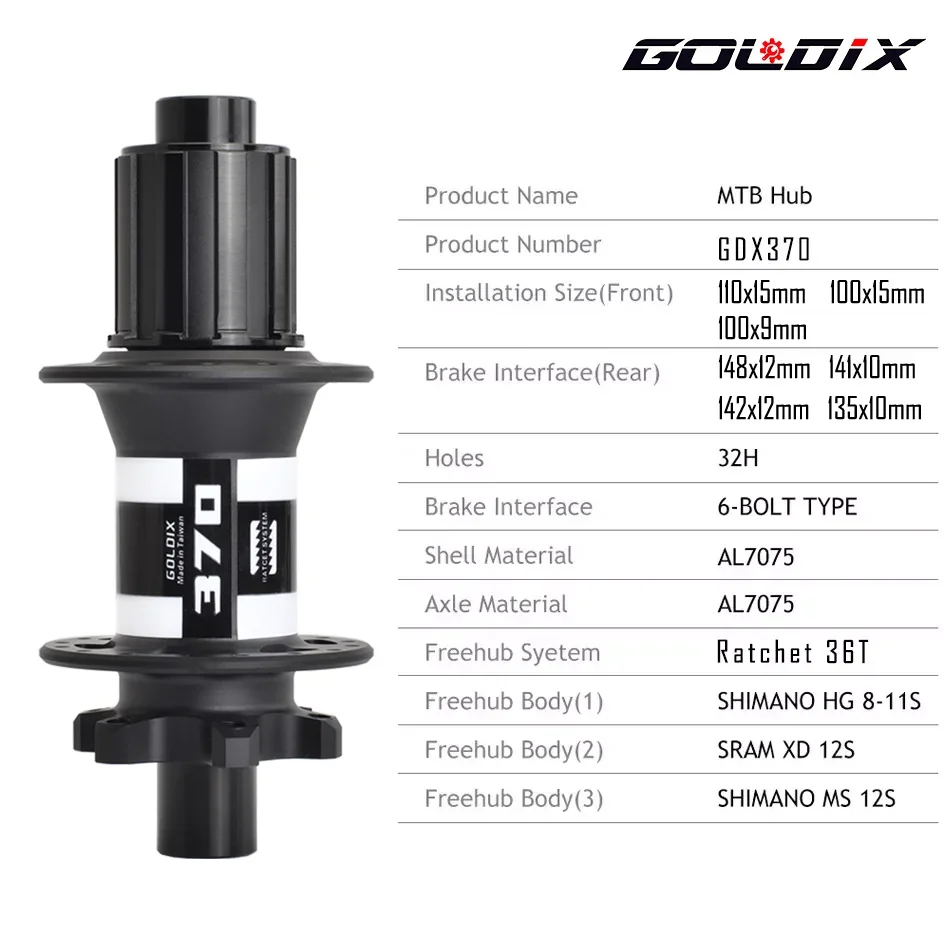 GOLDIX GDX370 Bike Hub Sealed Bearing 6 Bolt Disc Brake J-Bend spoke 32 Hole Ratchet 36T BOOST MTB Hub