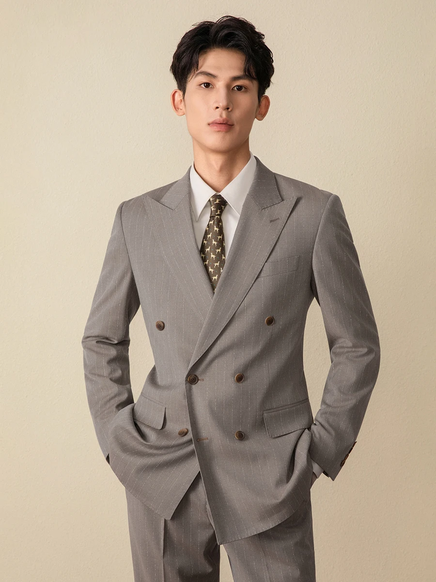 Men's Double-Breasted Brown Pinstripe Suit Wedding Luxury Tuxedo for Groom, Business Formal Attire with Tailored Blazer & Dress