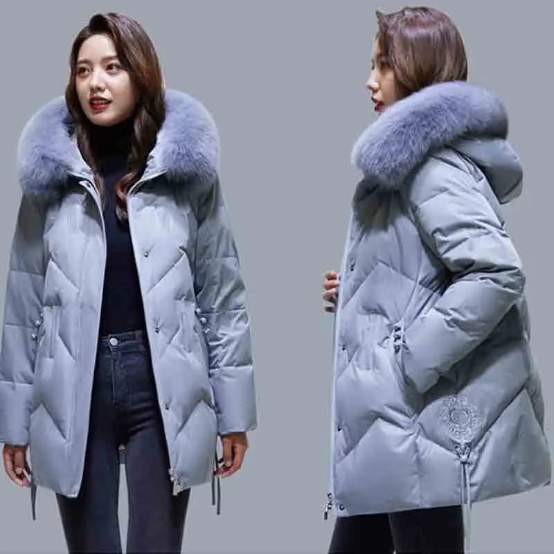 Winter Fashion Elegant Down  Women's Long 2022 Winter New Loose Embroidered Hooded Fur Collar Warm Pocket Coat Women 5XL