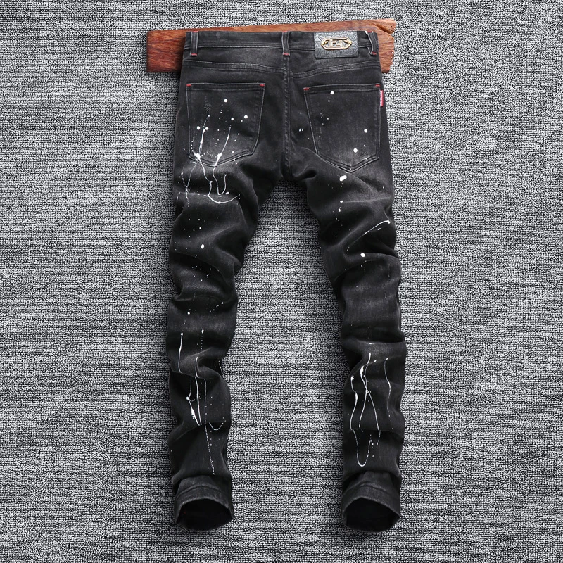 High Street Fashion Men Jeans Retro Black Gray Elastic Slim Ripped Jeans Men Painted Designer Hip Hop Stretch Denim Pants Hombre