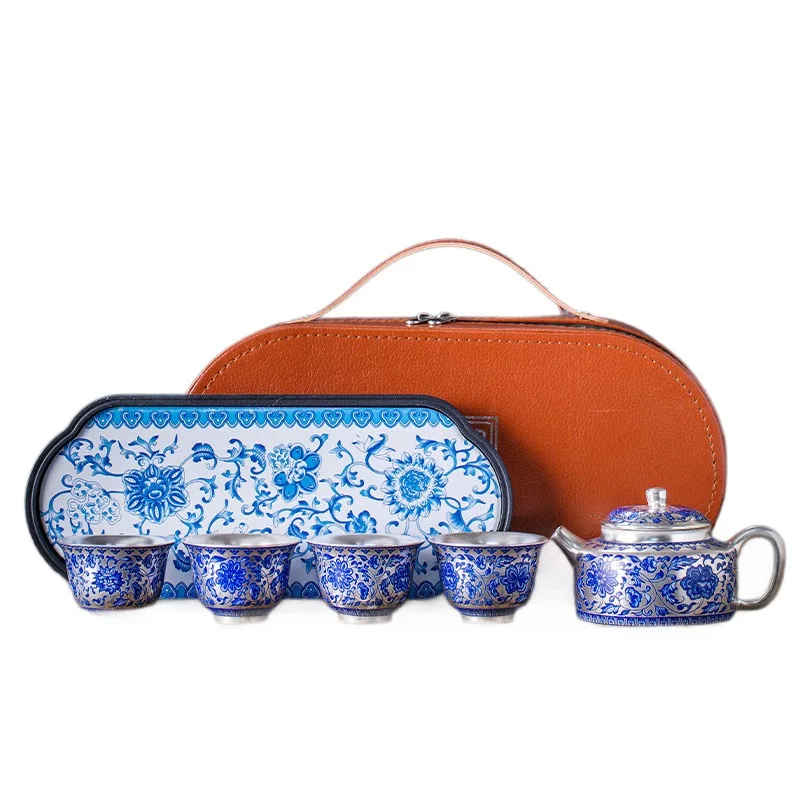 Sterling silver twisted lotus, a pot of four cups, household Chinese style Kung Fu tea set, ceramic tea maker