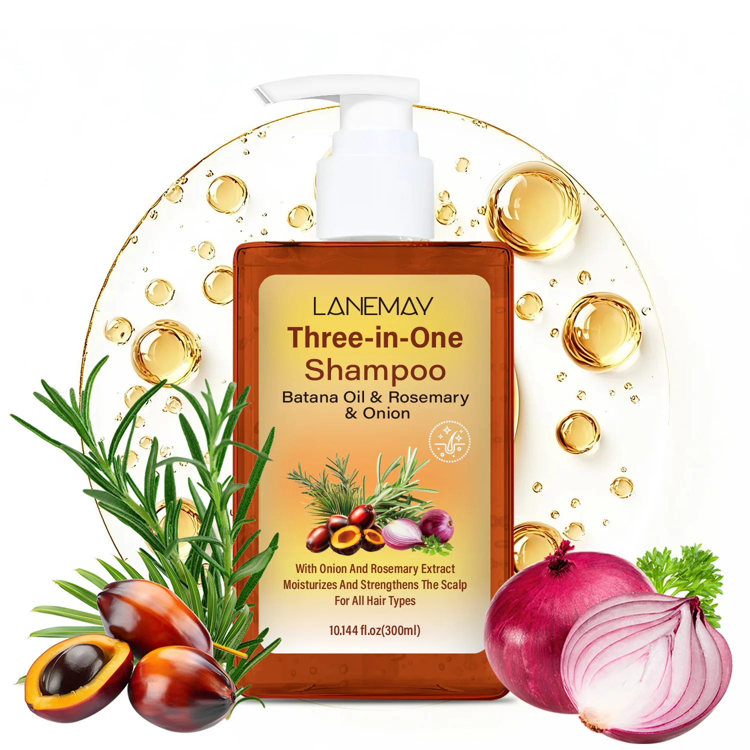 Three-in-One Shampoo with Batana Oil, Rosemary & Onion Extract – Scalp Strengthening Treatment for All Hair Types.