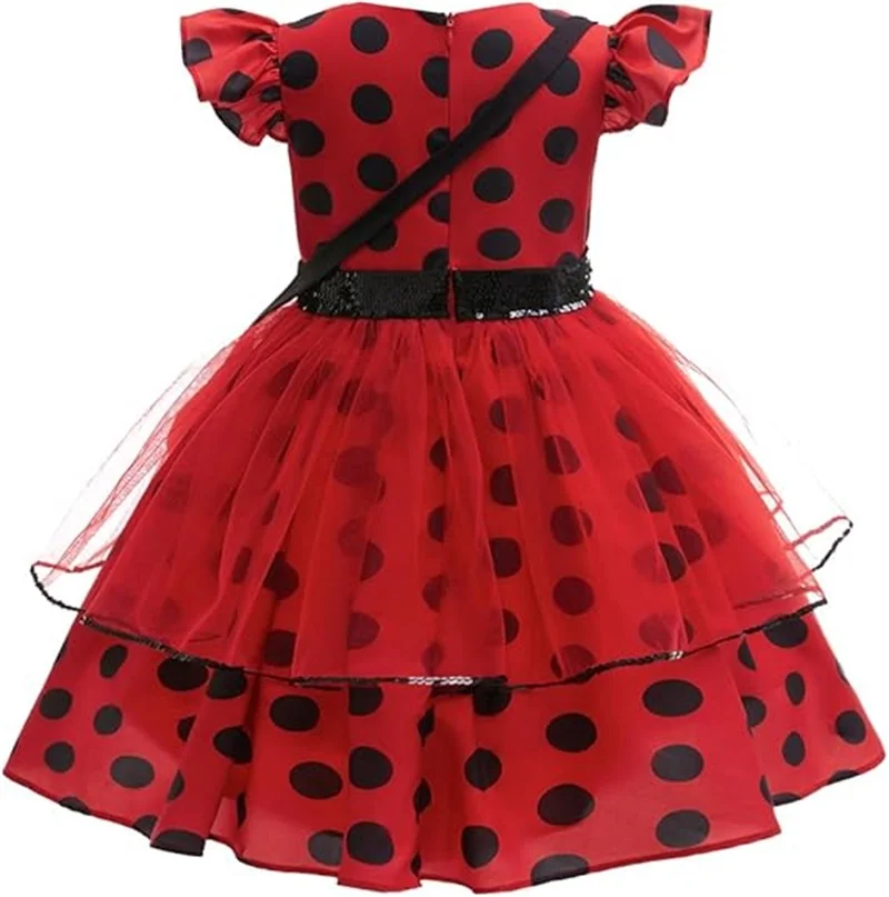 Girls Cosplay Costume Polka Dot Red Dress With Bag Gloves Mask Earrings For Kids Bug Halloween Birthday Dress Up