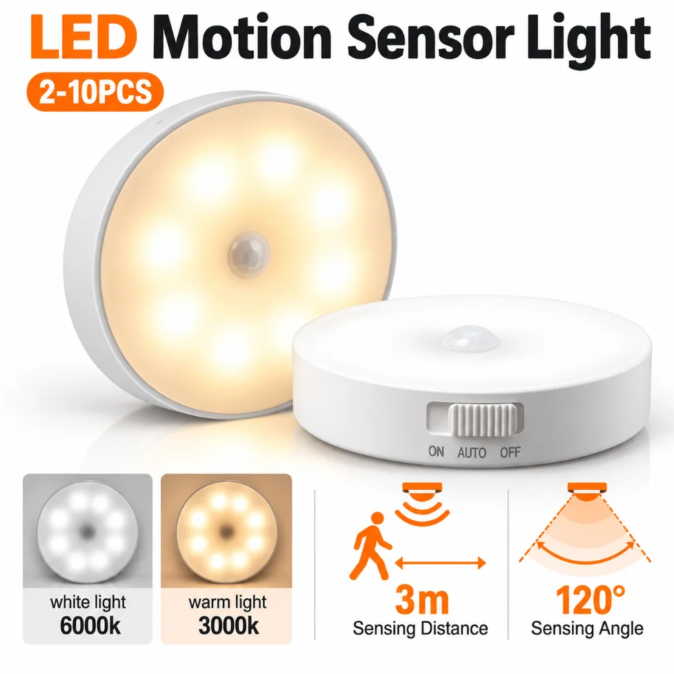 2-10PCS LED Motion Sensor Light USB Rechargeable Puck Light 3000K 6000K Night L…