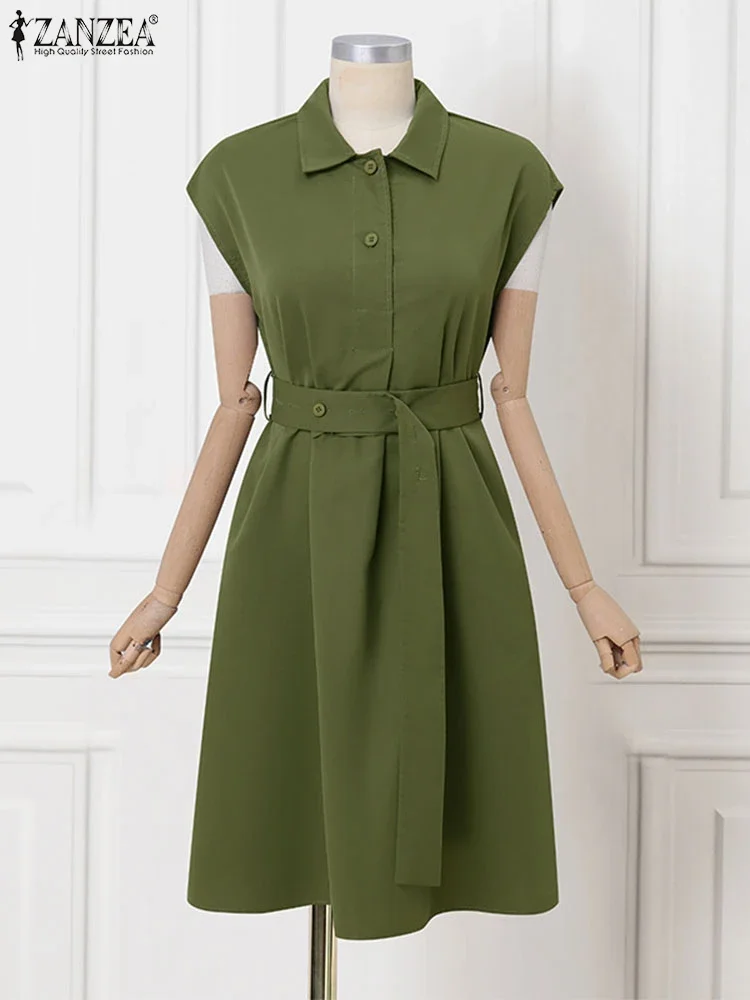 ZANZEA Donna Senza Maniche Ufficio Lavoro Vestito Estivo Elegante Cintura Camicia A Pieghe Abito Moda Tinta Unita Abiti Casual Abito Allentato