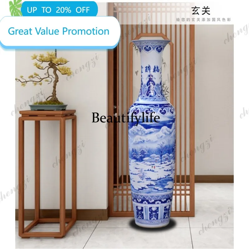 B178 Jingdezhen ceramic hand-painted blue and white floor-to-ceiling large vase ornament, living room and study decoration