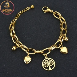 Akizoom Glitter Zircon Life Tree Bracelet Heart Bangle Stainless Steel Adjustable Gold Color for Women Mom Birthday Party Gift