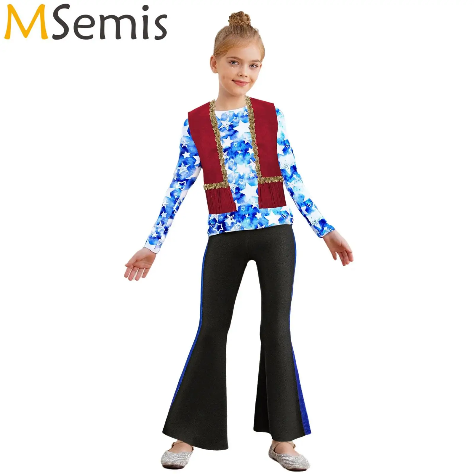 

Girls Halloween Disco Hippie Western Cowgirl Carnival Cosplay Costume Printed Shirt Tops with Tassels Vest And Flared Pants Set