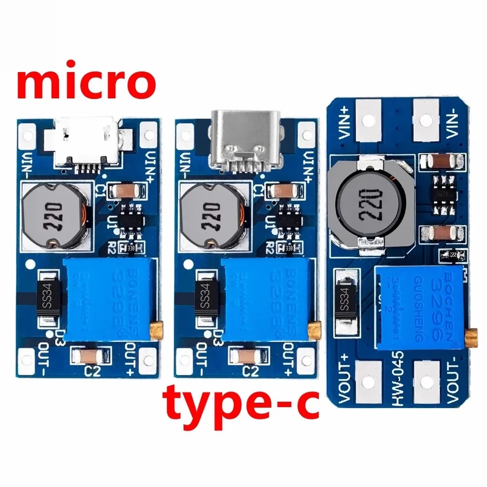 MT3608 DC-DC boost module 2A boost board input voltage 2-24V to 5/9/12/-28V adjustable